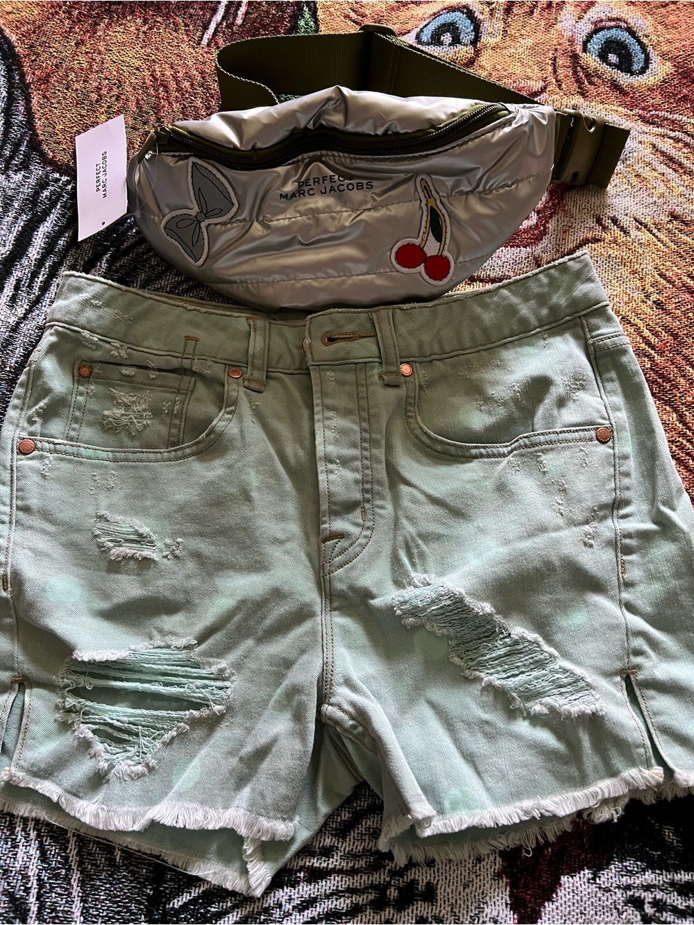 Marc by Marc Jacobs Mint Green Distressed Denim Shorts and Belt Bag